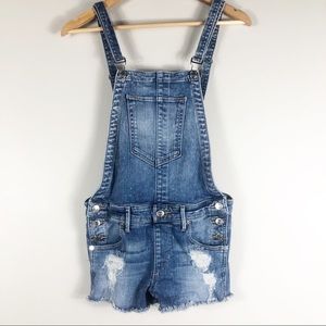True Religion Medium Wash Distressed Overall Shorts